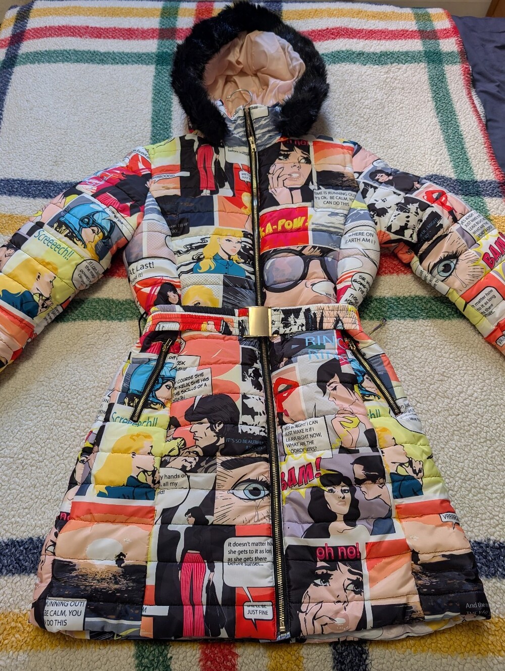 Gabby Isabella Multicolor Comic-Print Belted Puffer Coat with Faux-Fur Hood